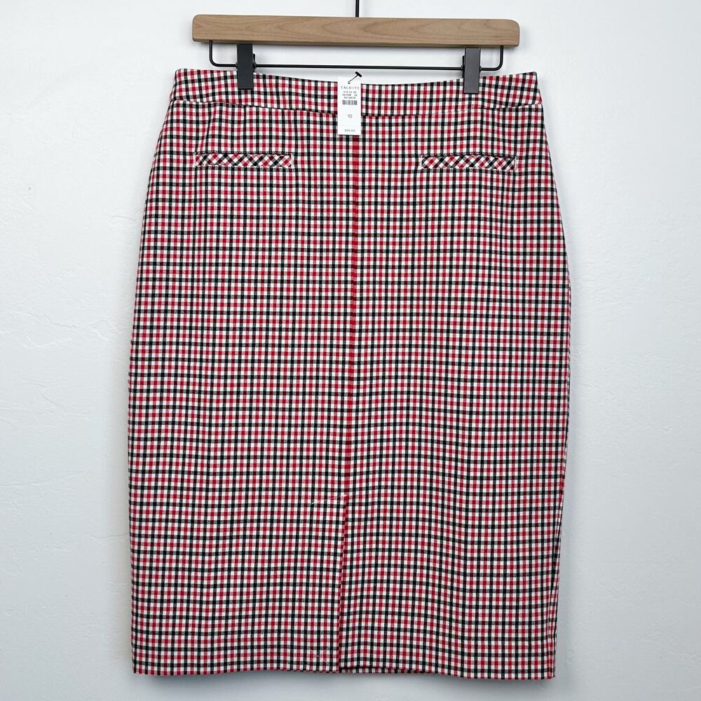 Talbots Red Black Gingham Plaid Twill Knee-Length High-Rise Pencil Skirt NWT - Picture 2 of 10